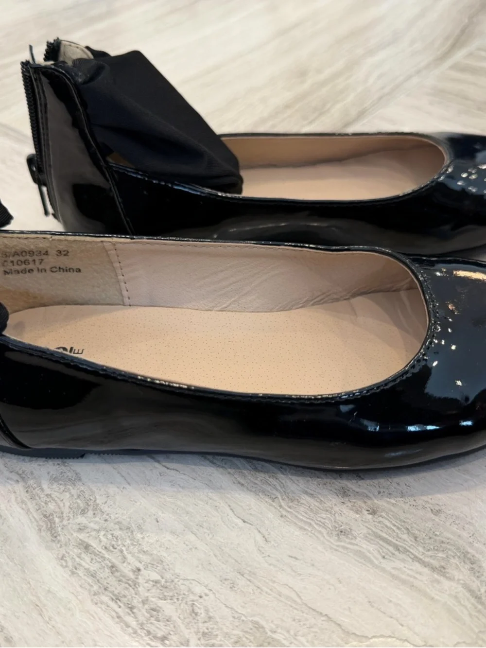 Girls Black Patent Ballet Flats with Ankle Strap Fabric Accent Size 32